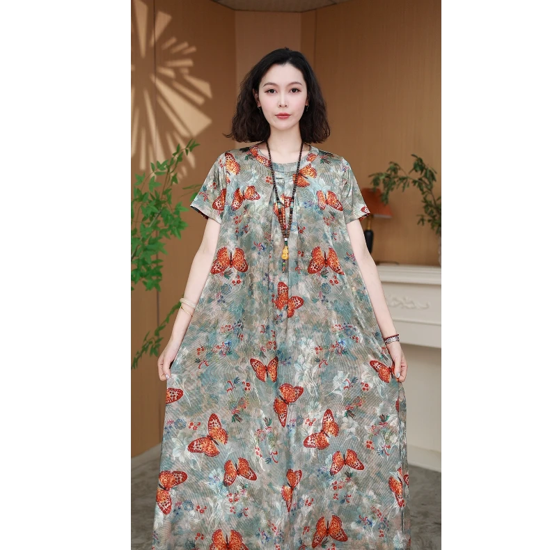 【蓝夫人 漫天蝶舞】·女装碎花裙瘦连衣裙气质长裙短袖2596-6