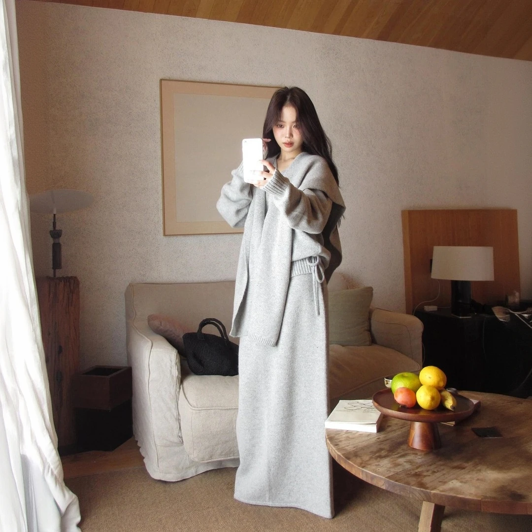 知性温婉气质针织套装女春秋法式修身收腰显瘦款上衣半身裙两件套