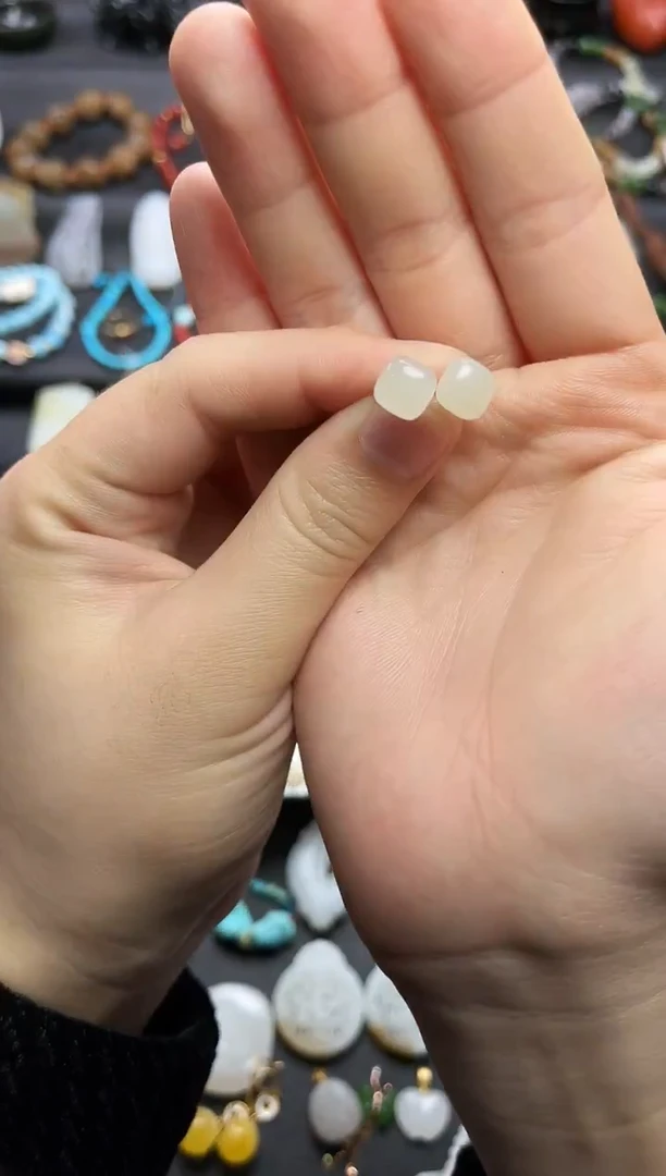 银S925镶嵌和田玉耳饰方糖耳钉06