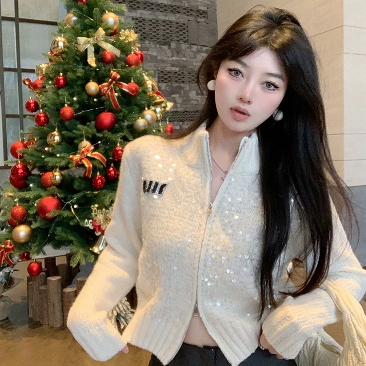 043【白色闪闪】闪闪亮片毛衣女秋冬纯欲半高领上衣针织衫开衫外套