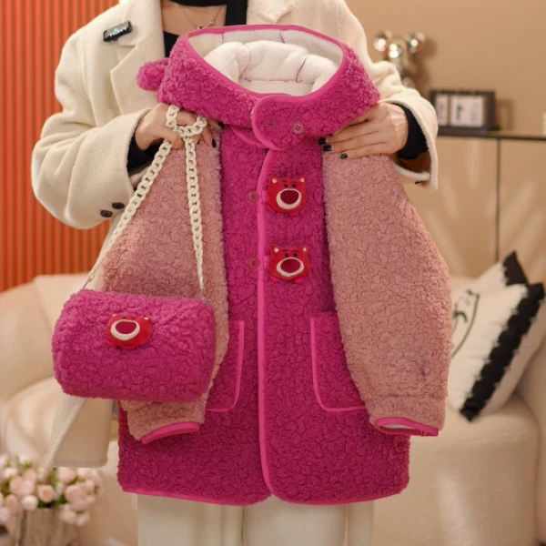 2024冬季女童新款韩版梅粉拼接毛呢大衣外套