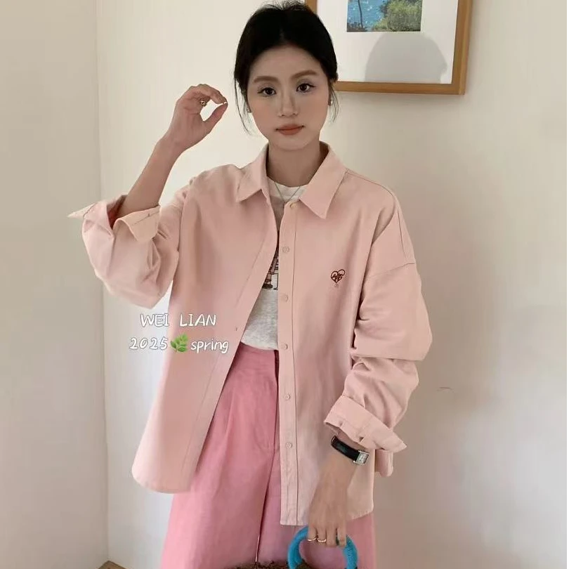 韩系新款春装长袖衬衫女宽松休闲爱心刺绣水洗棉显瘦大版衬衣外套