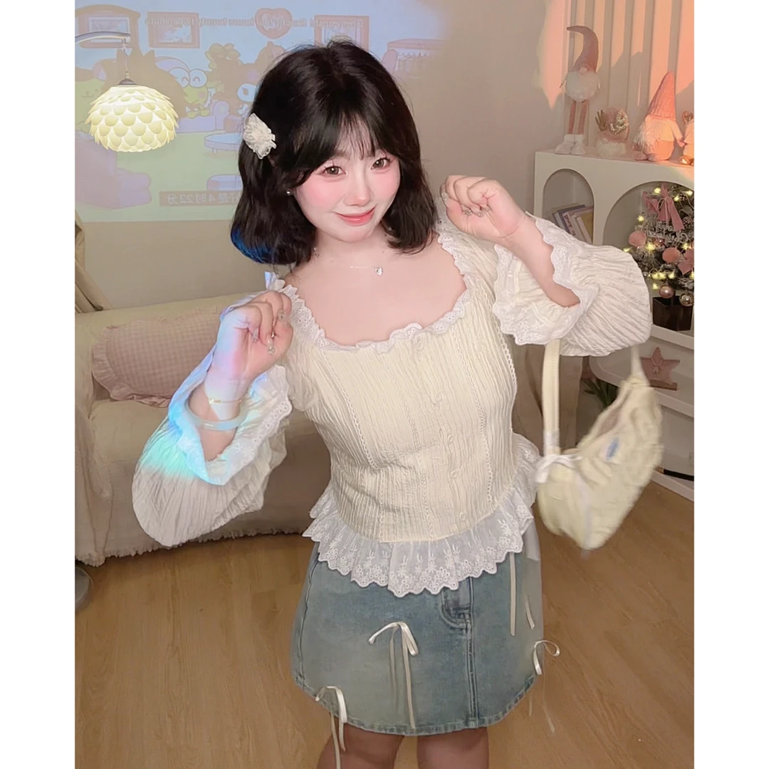 叶子定制【芭蕾甜梦】大码甜妹2025春季新款韩版气质方领长袖衬衣