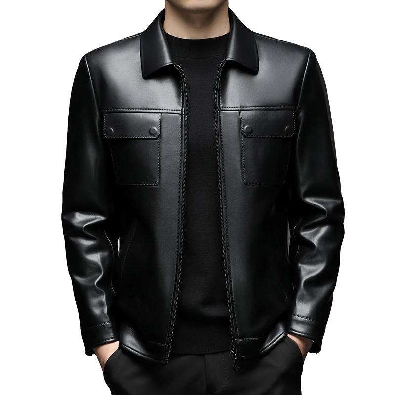 2025秋冬新款男士商务休闲翻领皮夹克外套