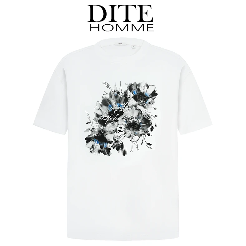 Dite迪特2025男士夏季新款T恤白色水墨印花圆领宽松舒适全棉短袖