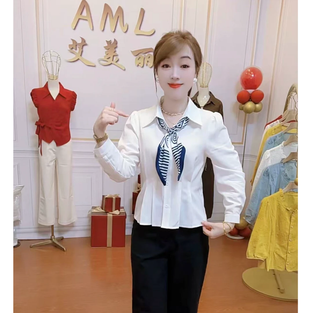 AML2 轻奢气质早秋新款收腰显瘦甜美时尚遮肚短款气质衬衫