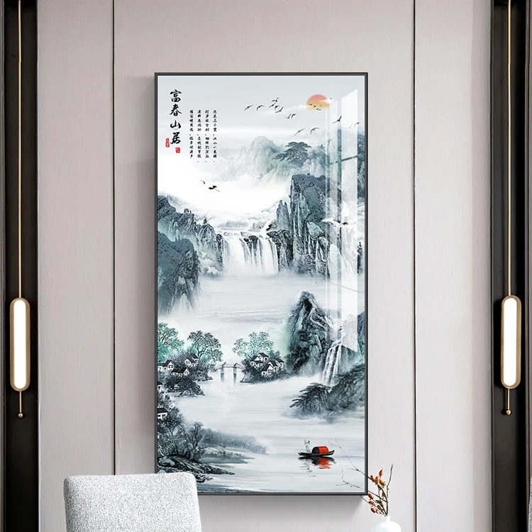 现代装饰画松鹤延年入户玄关装饰画富春山居中国风水墨壁画