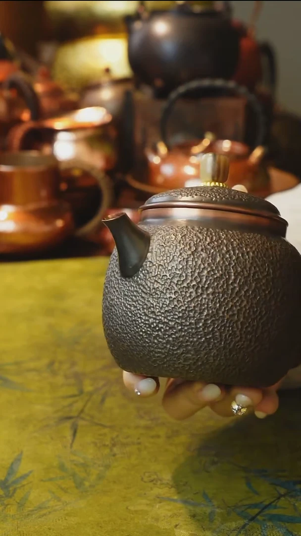 纯紫铜檀木柄泡茶壶