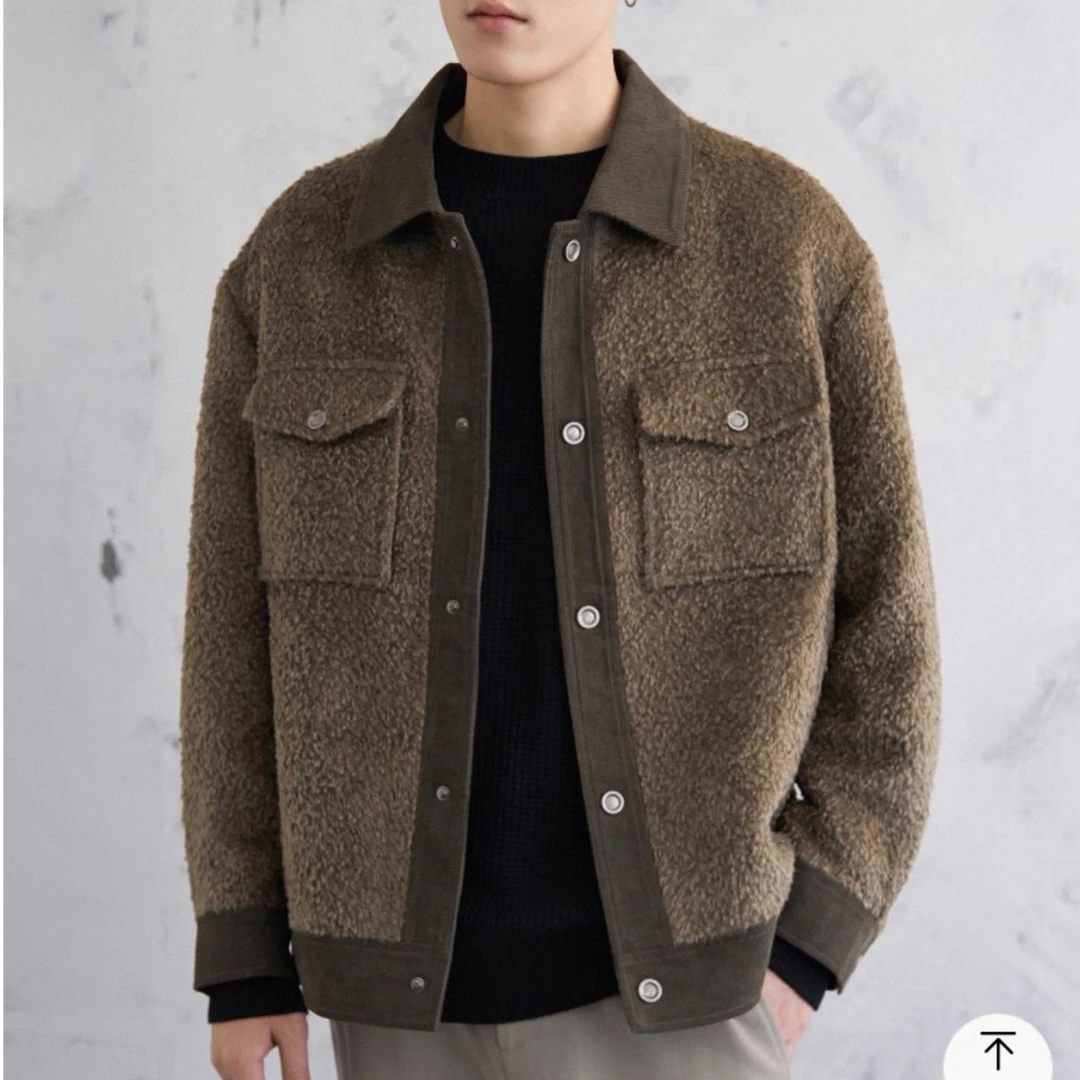 冬季新款精纺羊毛混纺面料仿羊羔毛拼接灯芯绒夹克外套男24803