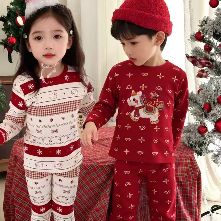 【沐熙家】爱啦西瓜档儿童秋冬300克舒绒家居服套装A类无骨秋衣秋裤