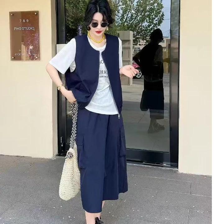 6625-C-三件套（马甲+半袖+工装裙）大码显瘦套装