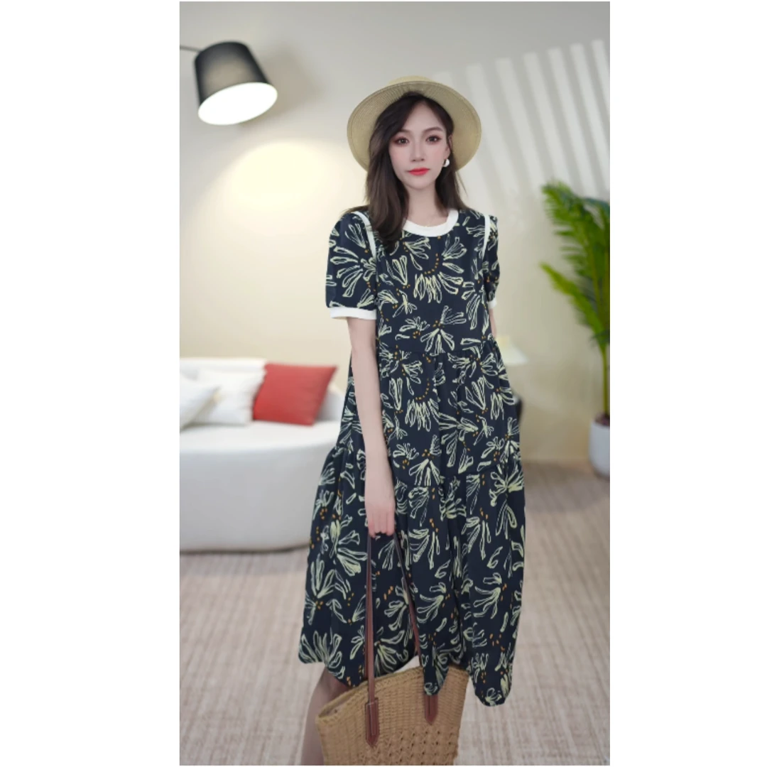 2025夏季新款连衣裙气质显瘦中长裙拼接圆领印花宽松洋气连衣裙