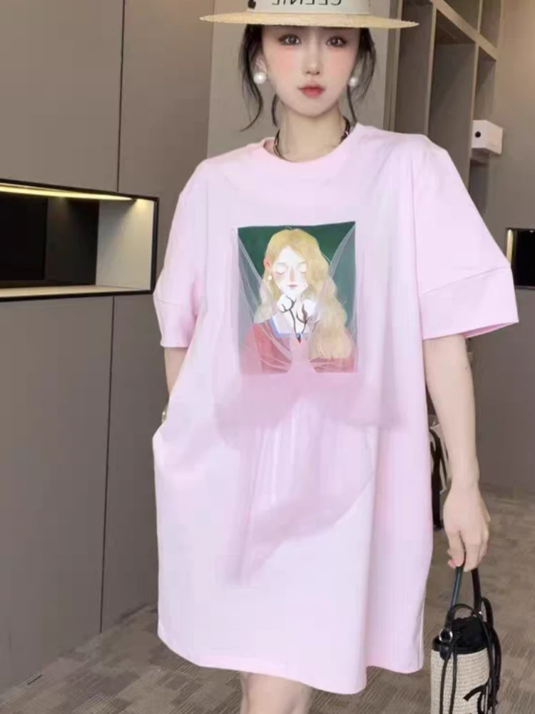 【济州岛】南油H1 网纱蝴蝶结设计人像印花T裙