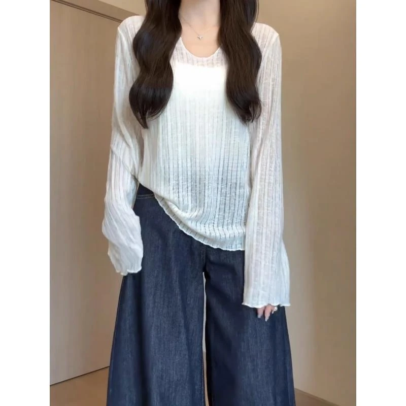 松弛感微透防晒罩衫女2025春秋木耳边宽松打底上衣轻薄款长袖T恤
