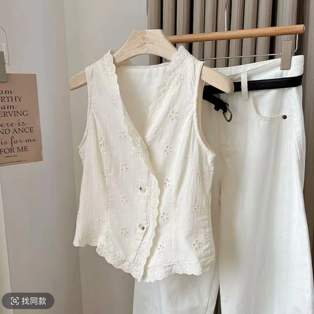 蕾丝衬衫女无袖夏季新款独特别致设计感小众镂空短款v领上衣衬衣