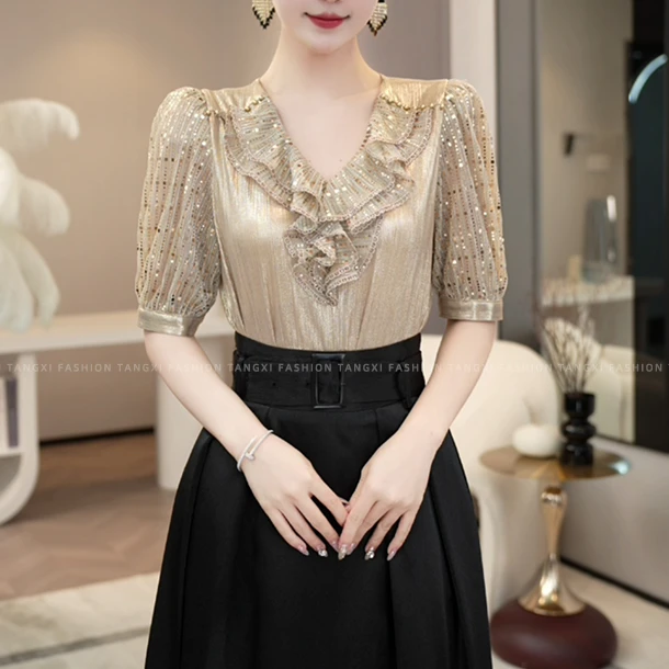 2025夏季新款【LT24-X316】气质荷叶边香槟色显白衬衫上衣