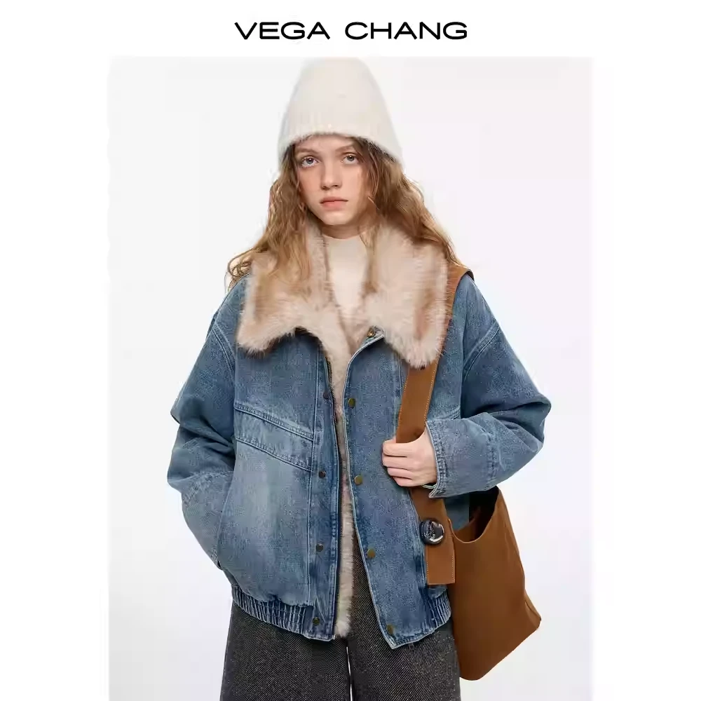 VEGA CHANG【重磅新品】牛仔毛领棉服 复古休闲保暖时尚