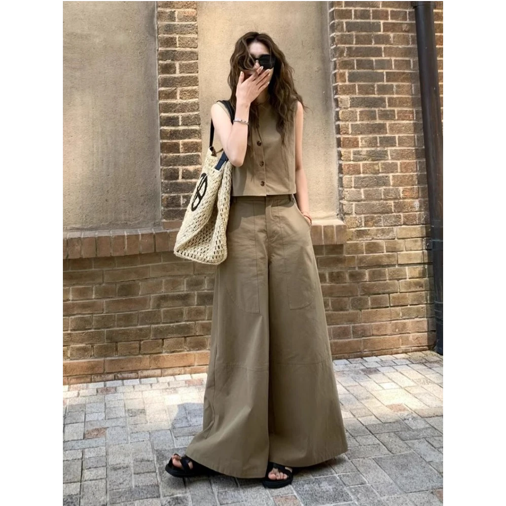 港风复古运动服套装女夏季时尚美式炸街马甲背心阔腿裤休闲两件套