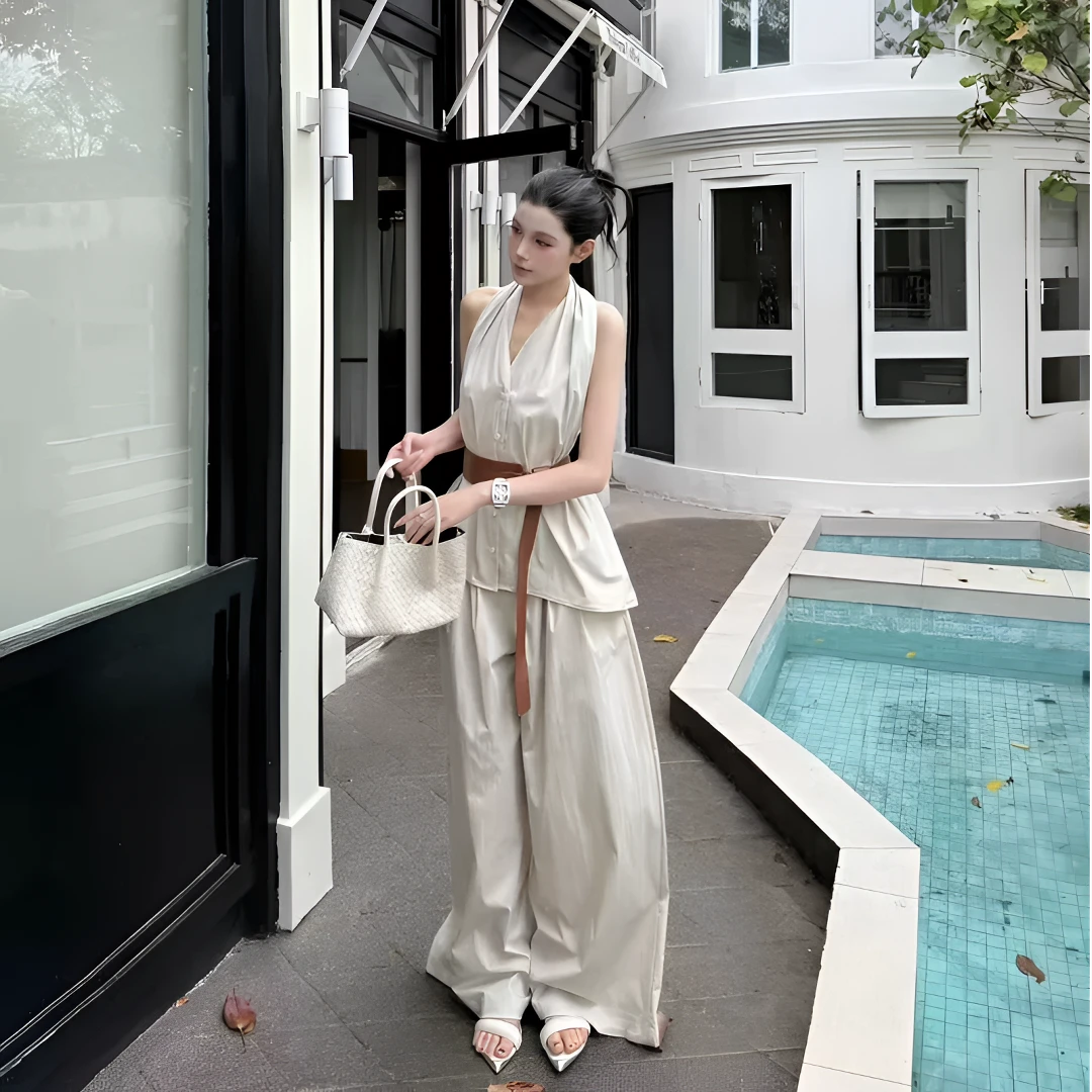 阔腿裤套装夏季背心气质宽松INS风极简风通勤风纯色上衣白色休闲