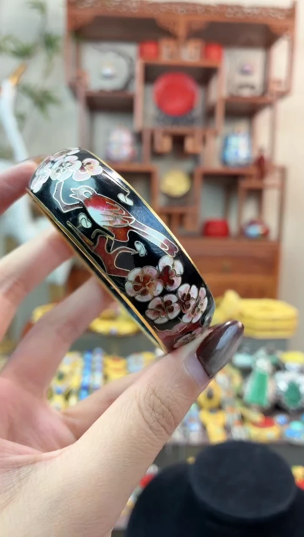非遗手工景泰蓝开口银蓝镯子黑色