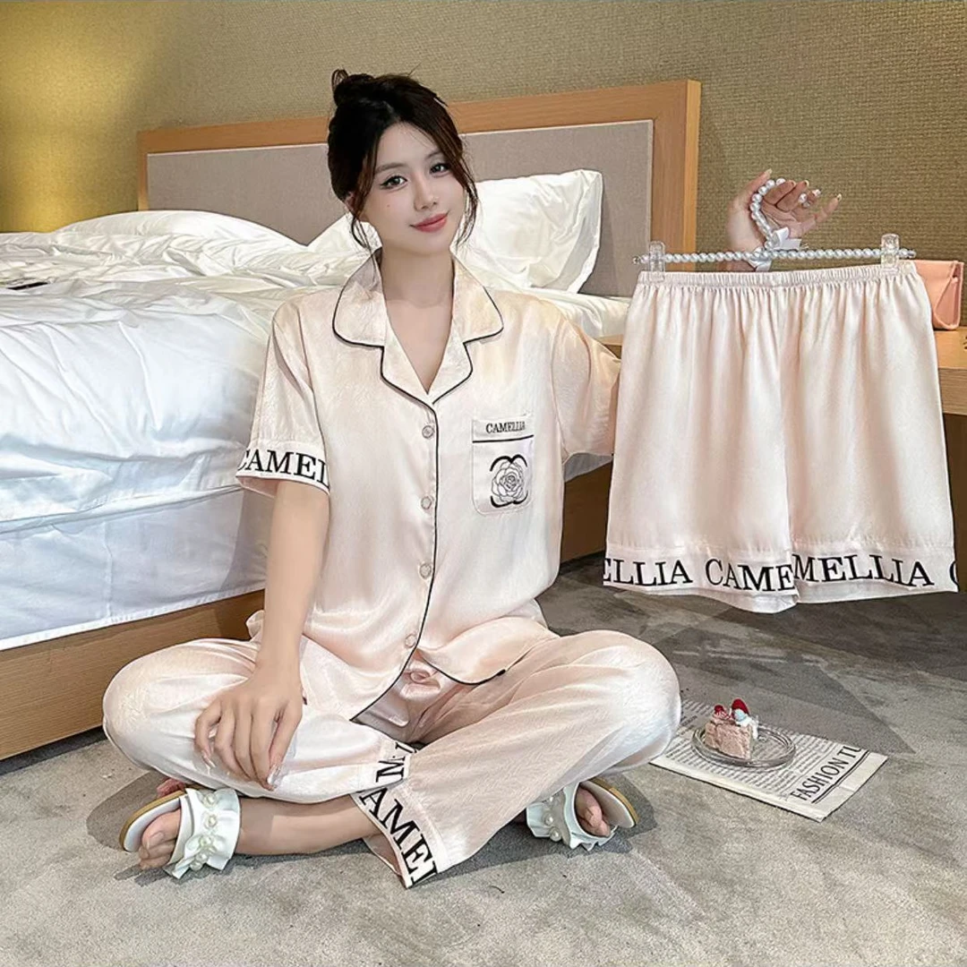 冰丝睡衣女 休闲夏季薄款夏天 带胸垫     亲肤     透气