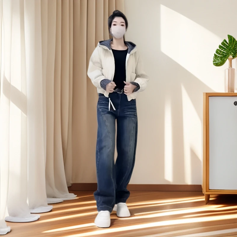 2025新款秋冬连帽棉服格子女立领长袖纯色秋季短外套气质加绒女装