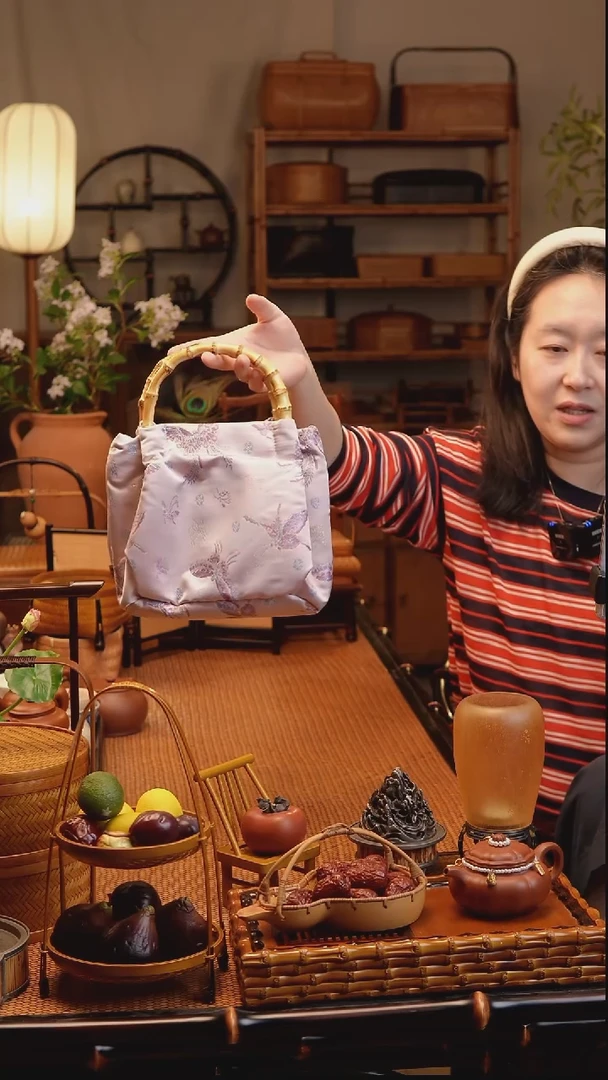 清雅国风竹根手提包（粉色）