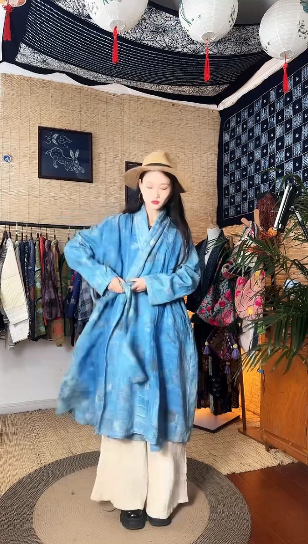 【闪购商品】设计师款蓝染腰带大衣