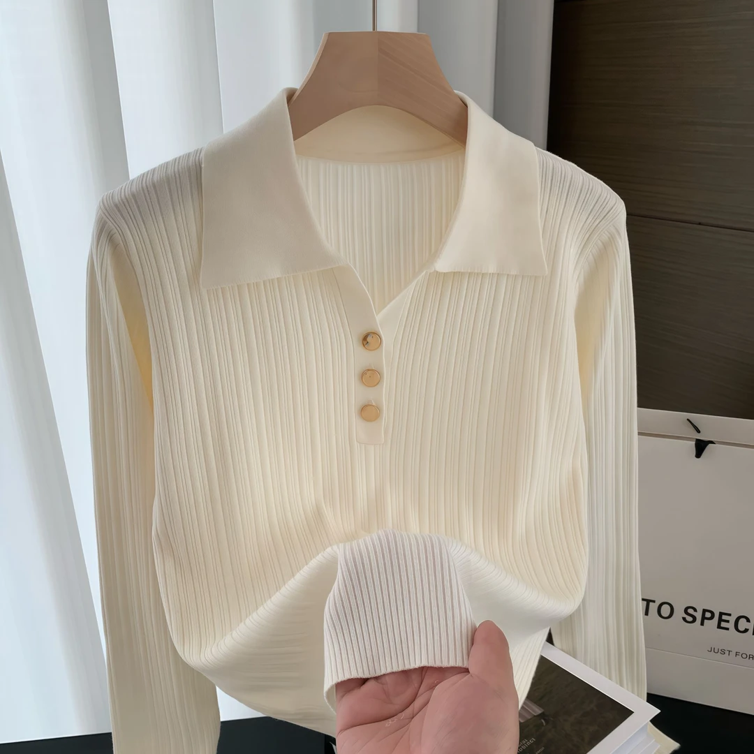 春秋POLO领秋季毛针织衫针织短款薄款翻领长袖休闲毛衣女