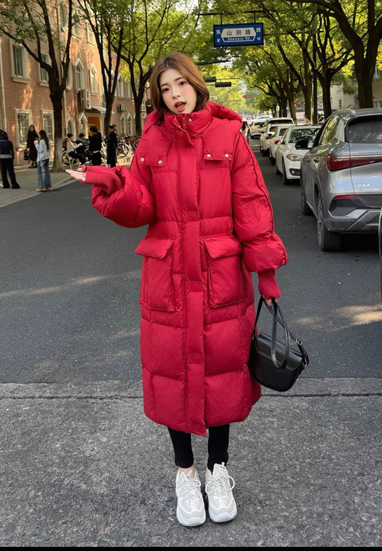 优等品长款羽绒服女韩版加厚绗缝工艺中长款红色冬季连帽穿搭