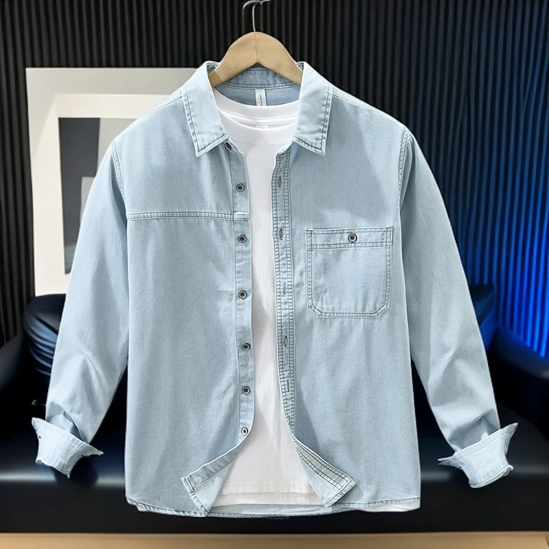长袖牛仔衬衫水洗牛仔衬衫男美式复古潮牌外套秋季新款休闲衬衣潮