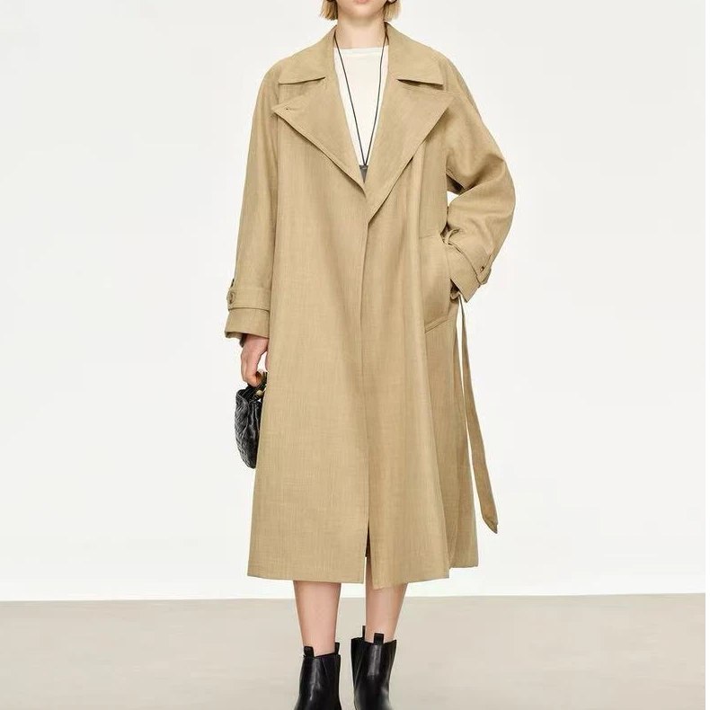 高级感轻奢纯色翻领腰带款长款风衣H7671