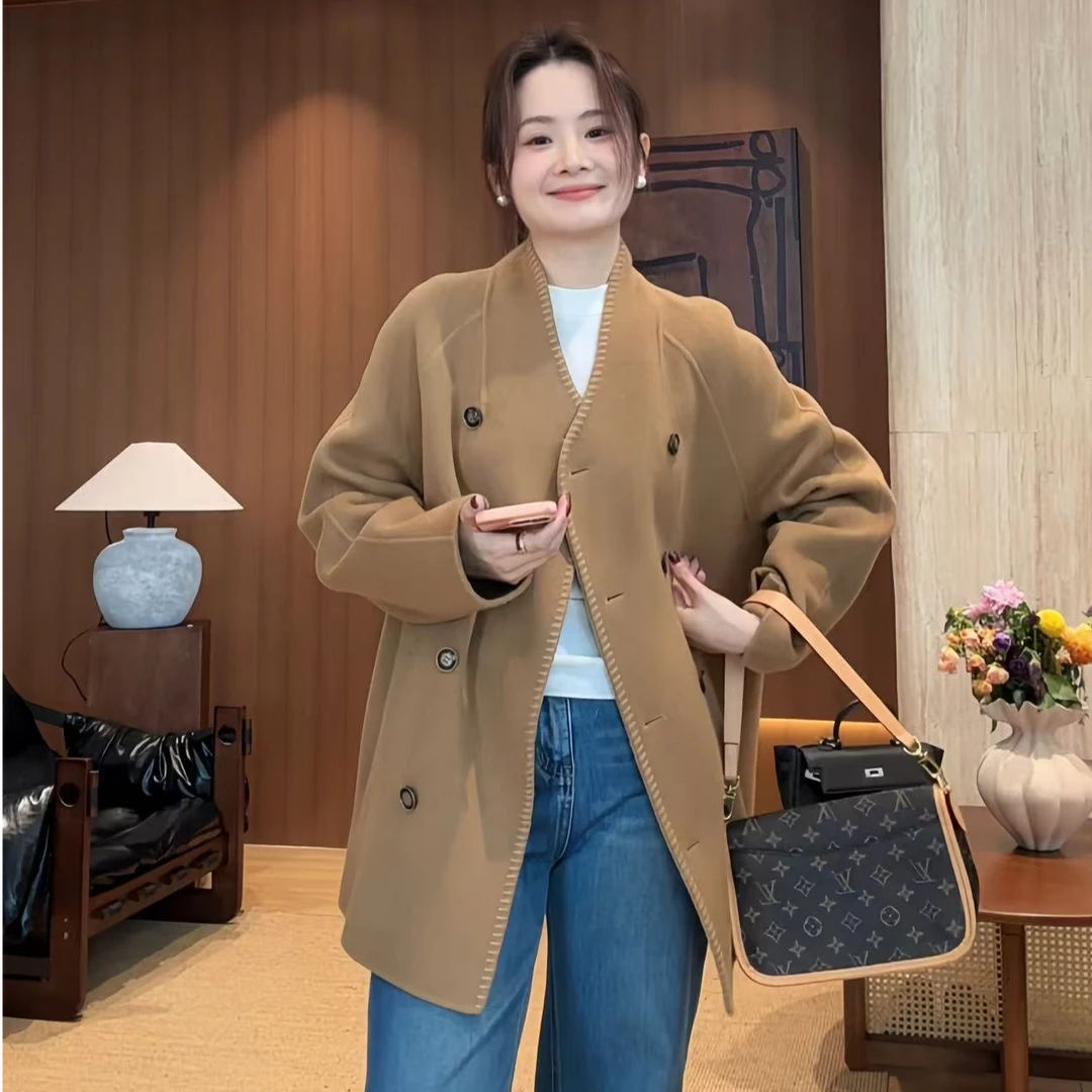 秋冬北欧风毛呢外套短款薄款毛呢圆领时尚双面呢厚款TY25219