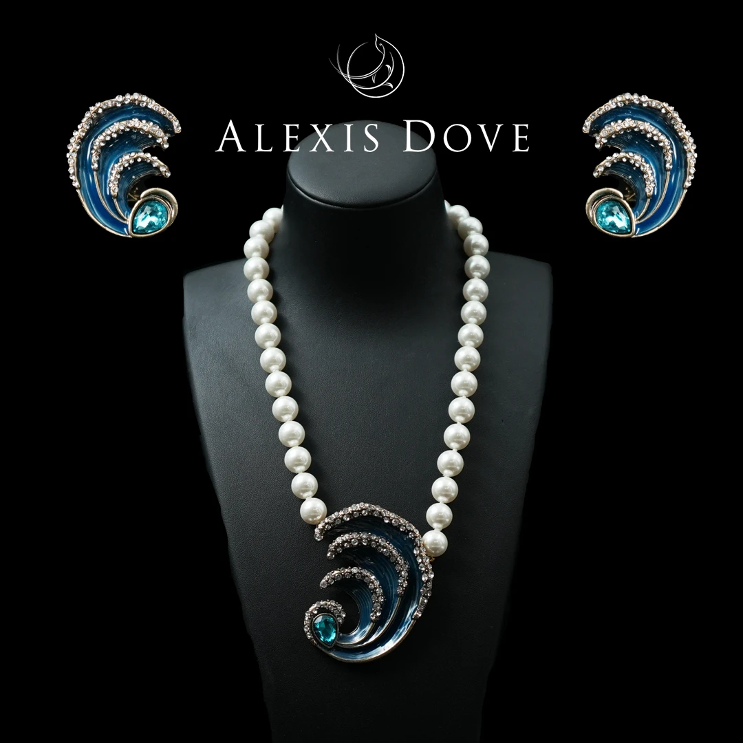 铜合金合成锆石耳饰 复古重工乘风破浪蓝色套装【乐亿】