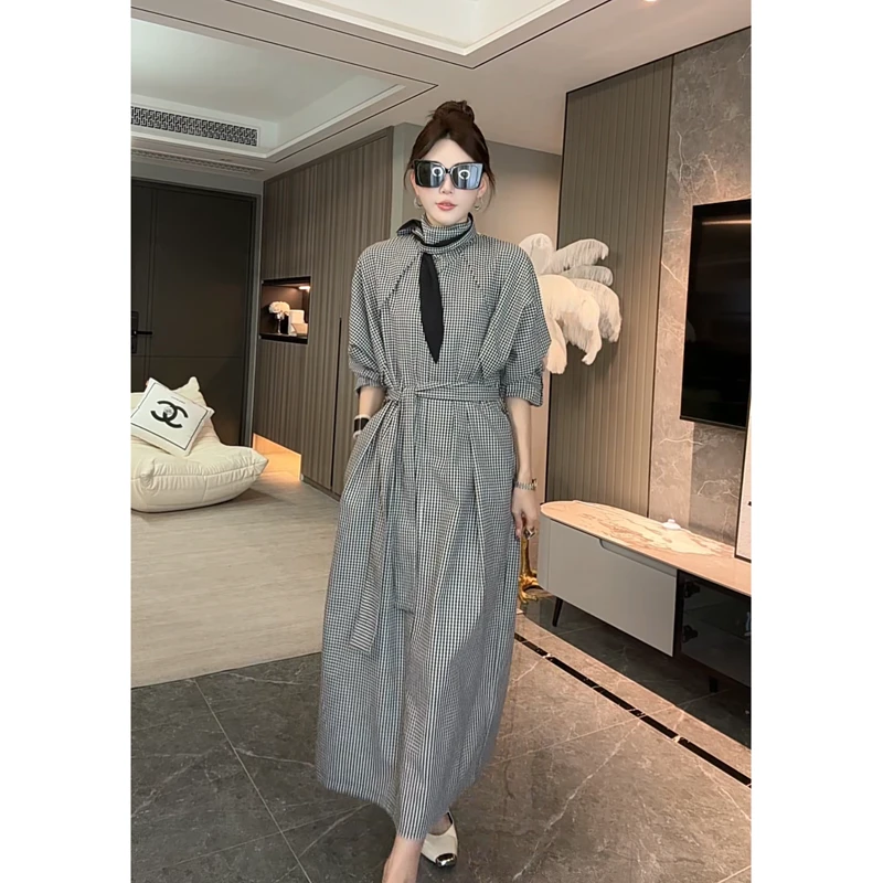 【LINLIN】秋季法式复古衬衫连衣裙女显瘦长袖设计感格子裙8815