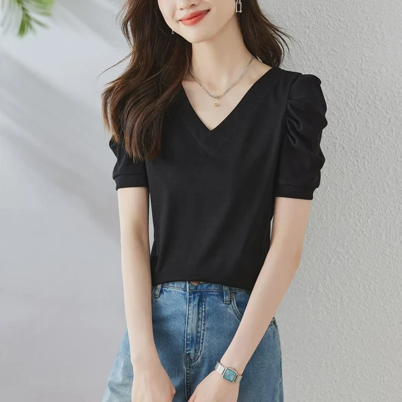 时尚百搭显瘦纯色V领短袖T恤女设计感洋气泡泡袖上衣2025夏季新款
