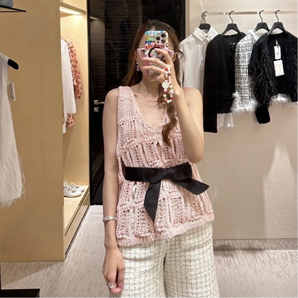 【长芯】25SS新款秀场减龄气质镂空蝴蝶结针织背心和长裙YZ24K01115