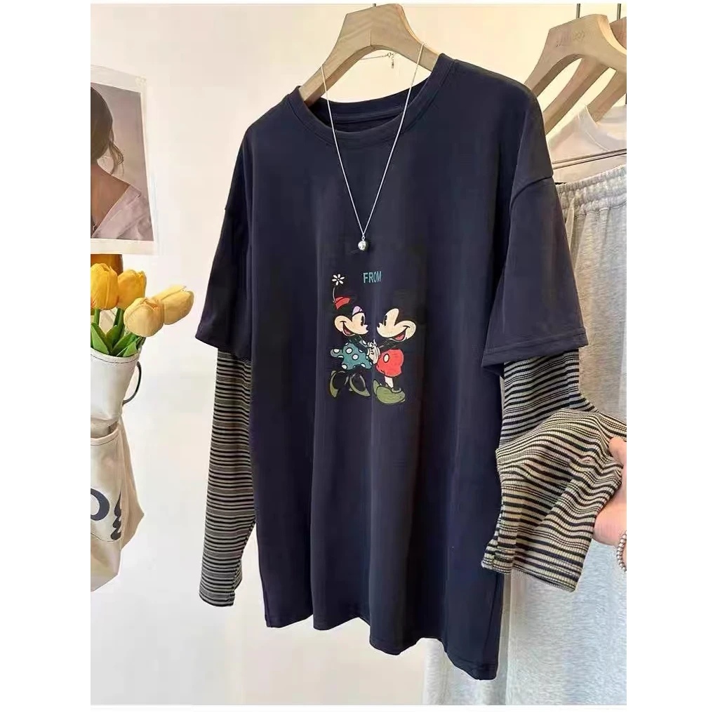 宽松假两件长袖T恤女2025新款春秋设计感小众胖mm大码打底衫上衣