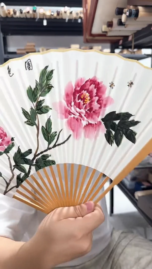 书法牡丹 书法国画折扇
