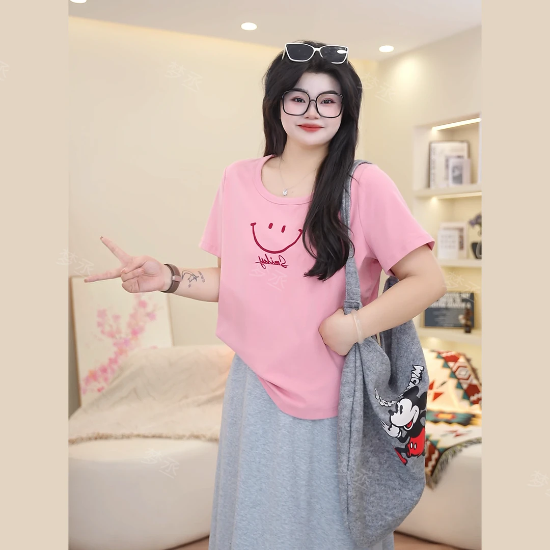 梦丞-夏季圆领笑脸印花t恤大码女装宽松胖mm显瘦遮肉短袖上衣女