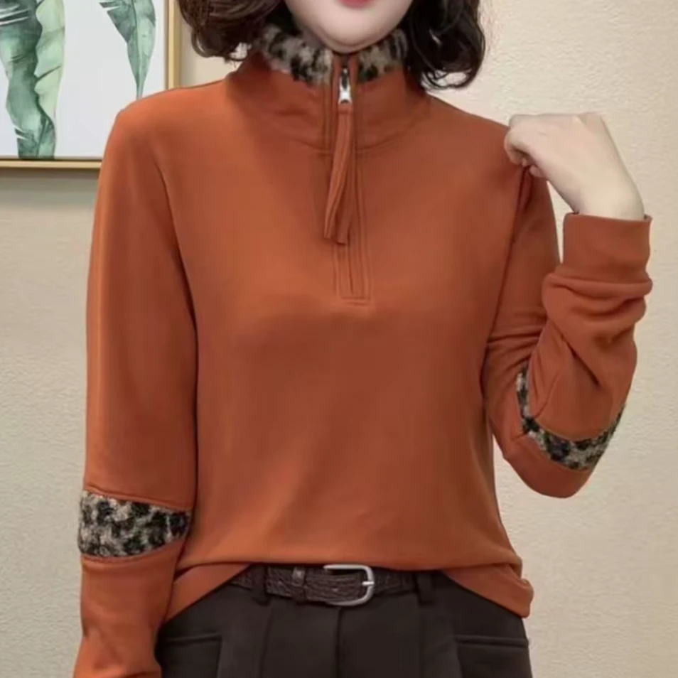 冬季新款双面绒休闲风半拉链T恤衫宽松显瘦洋气百搭豹纹拼接上衣