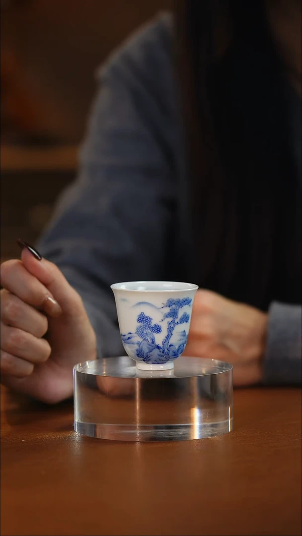 描银青花松树闻香杯