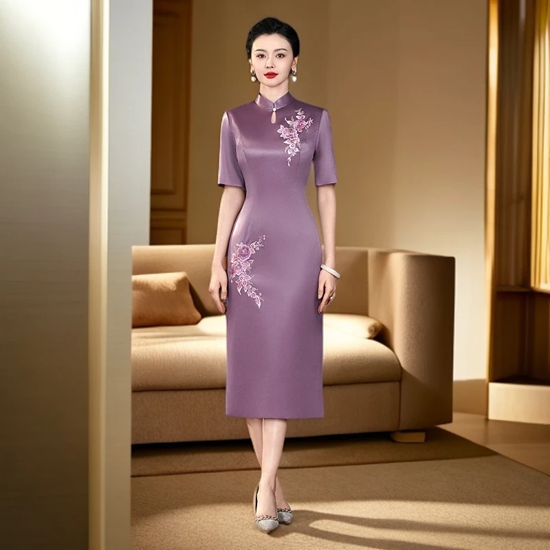醋酸高档旗袍中式喜妈妈喜婆婆晚礼服婚庆晚宴参加婚礼连衣裙小个