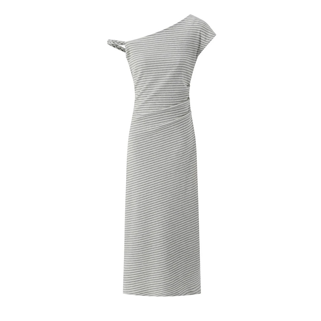 羊城故事-浅灰色条纹斜肩短袖连衣裙新款时尚收腰长裙Y50752175