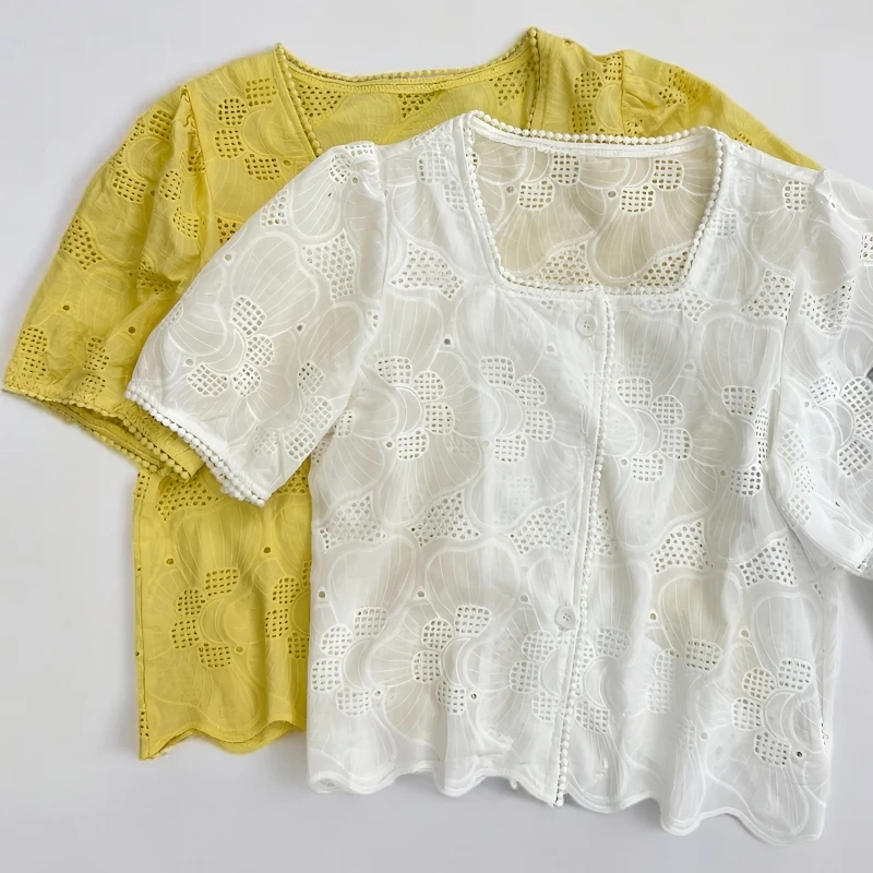 【叶子服饰】夏季新款简约镂空花朵刺绣提花短袖5673