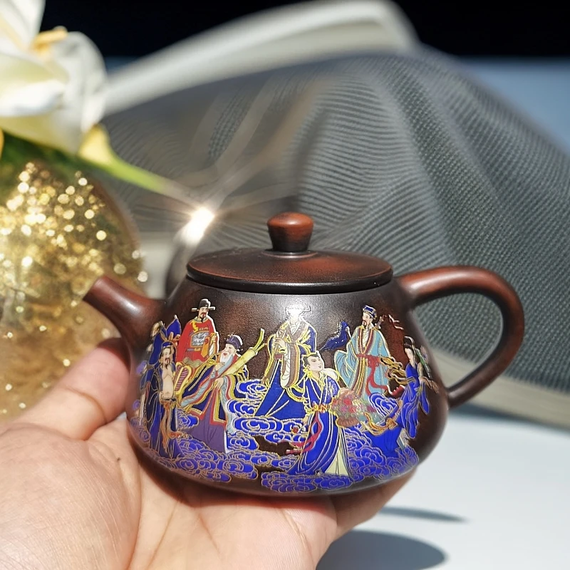 当代 窑变点彩变色壶石瓢八仙过海280ml描金全手工