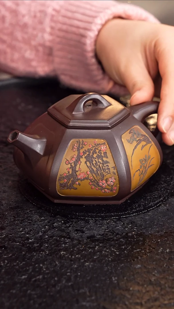 茶壶紫砂吴小楣  六方石瓢91  紫泥 250毫升 石鲁