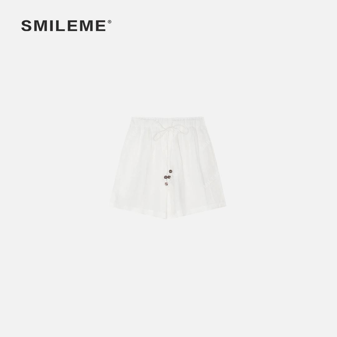 SMILEME【麻感呼吸】夏季新款”100%亚麻“纯色休闲松紧腰亚麻短裤