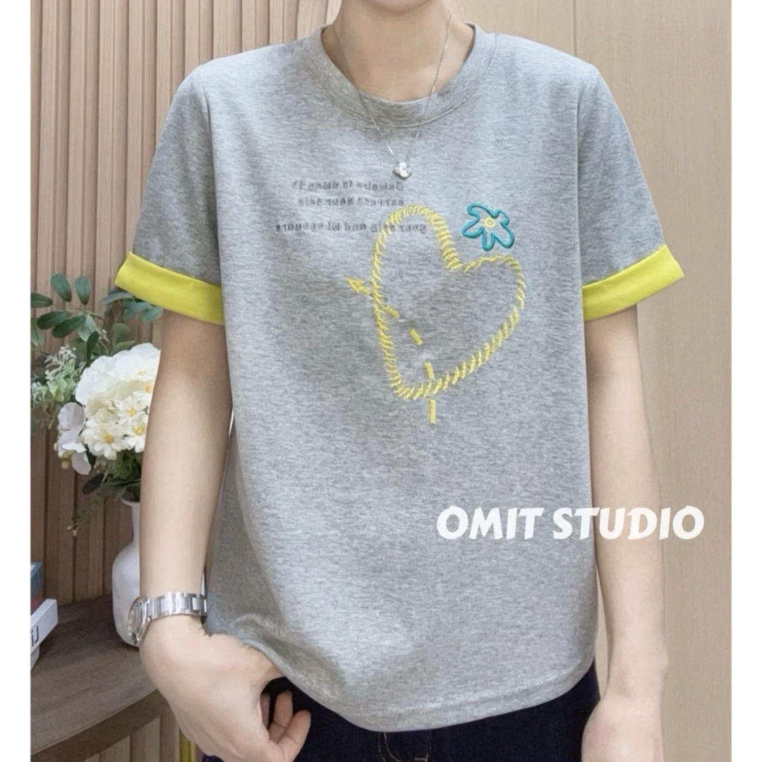 【黄心刺绣T】新款双色双面重工刺绣折袖常规版正肩短袖