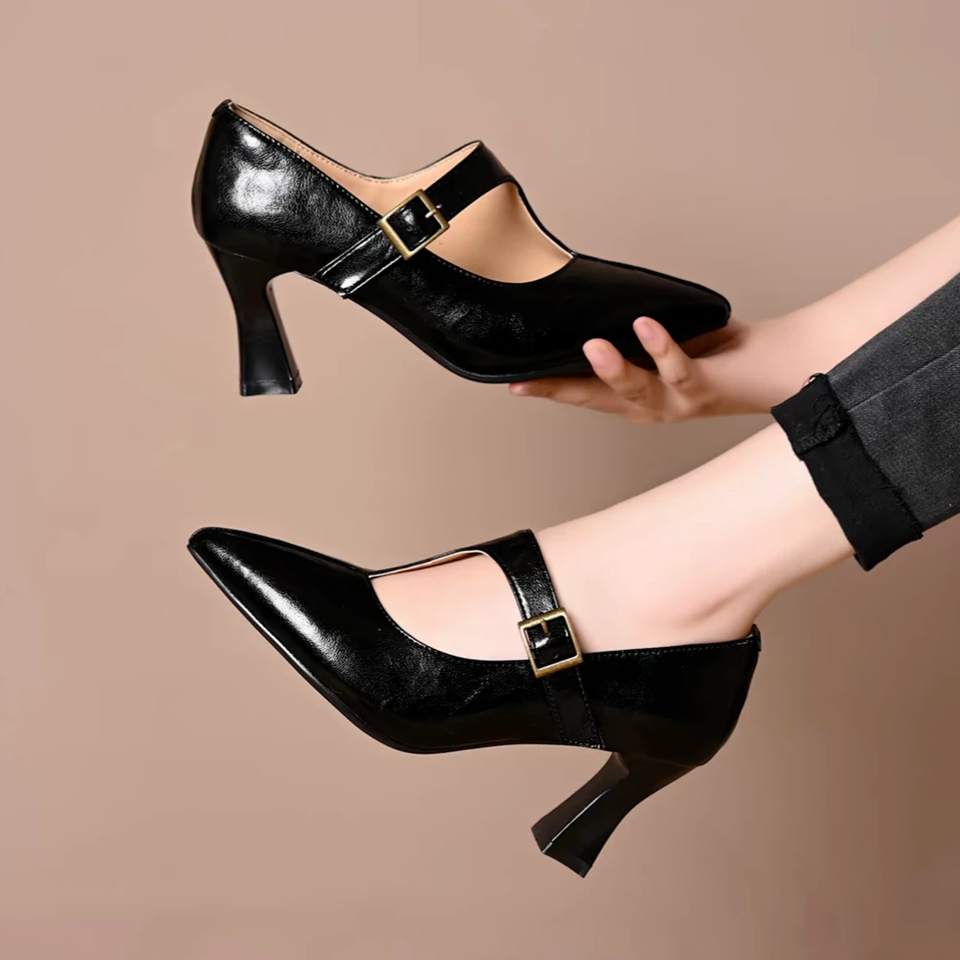 舒适百搭法式复古尖头细跟软皮高跟鞋女2025新款气质通勤浅口单鞋